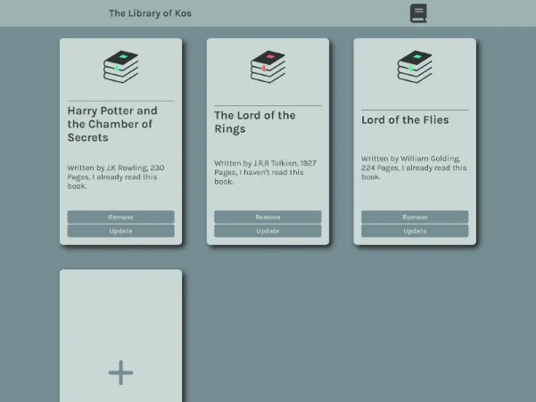 Screenshot of Library of Kos, a digital Library created using HTML, CSS and JavaScript. The image displays a teal colored UI and a few cards with the option to add new book cards.