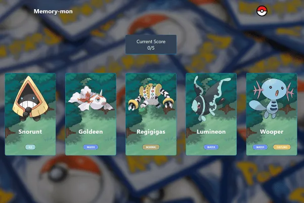 Screenshot of Memory Mon, a memory game created using React. The image displays five pokemon themed cards.