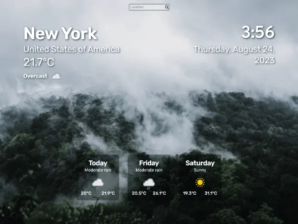Screenshot of WeatherStorm, a web weather forecast app created using HTML, CSS and JavaScript. The image displays an input for location, a few forecast cards and a background of a forest with some clouds on top of it.